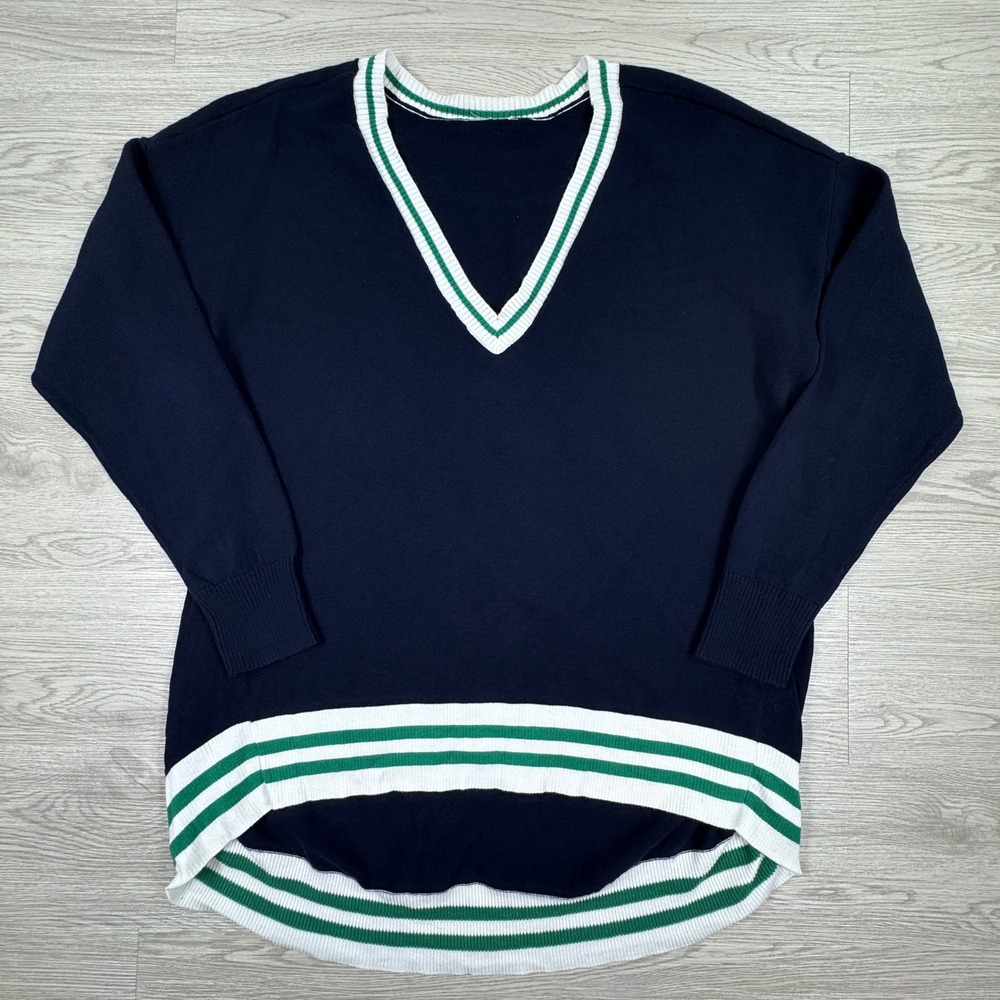 Jofit Womens Sweater V-Neck High Low Striped Navy Blue White Green Cotton‎ Lg(?)